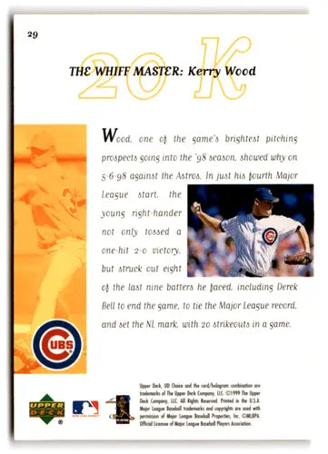 Kerry Wood baseball card with original gloss from 1999 UD Choice, NM-MT condition