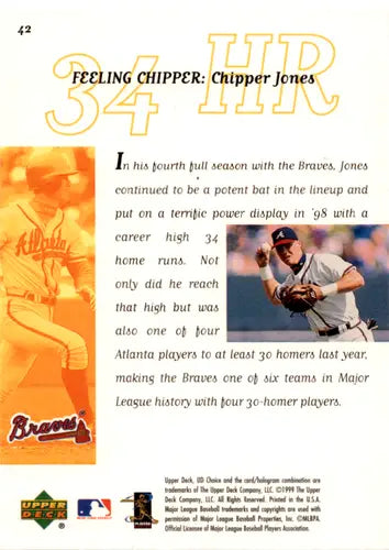 Chipper Jones baseball card with original gloss from 1999 UD Choice #42 Braves