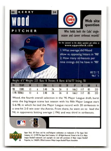 1999 UD Choice #66 Kerry Wood Preview NM-MT Cubs ID:67210 - Baseball Card Single