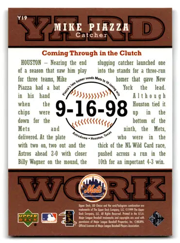 Y19 Mike Piazza baseball card from 1999 UD Choice Yardwork product NM-MT Mets