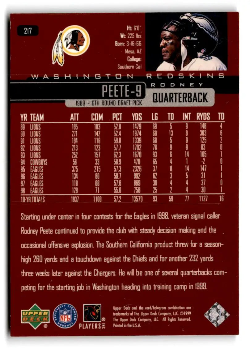 1999 Upper Deck #217 Rodney Peete - Football Card Single