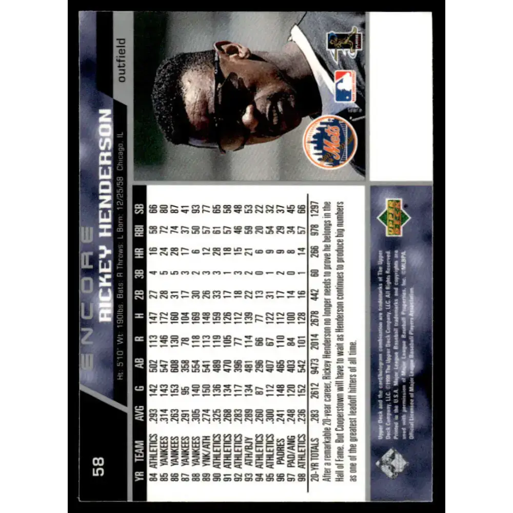 1999 Upper Deck Encore #58 Rickey Henderson NM-MT New York Mets Baseball Card - Baseball Card Single