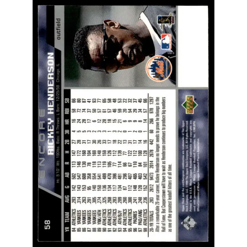 1999 Upper Deck Encore #58 Rickey Henderson NM-MT New York Mets Baseball Card - Baseball Card Single
