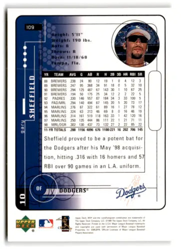 Baseball card back with original gloss from 1999 Upper Deck MVP Gary Sheffield Dodgers