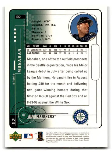 Back of a 1999 Upper Deck MVP Shane Monahan baseball trading card with original gloss