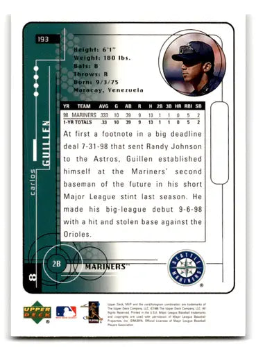 1999 Upper Deck MVP Carlos Guillen baseball card Mariners NM Near Mint collectible