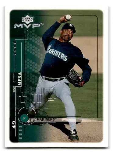 Original gloss baseball trading card of Jose Mesa in Seattle Mariners uniform from Upper Deck MVP series