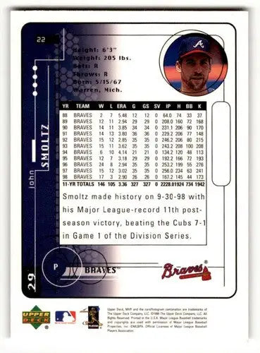 Original gloss 1999 Upper Deck MVP John Smoltz Atlanta Braves baseball card image