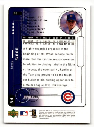 Original gloss 1999 Upper Deck MVP Kerry Wood baseball card Cubs ID 64243