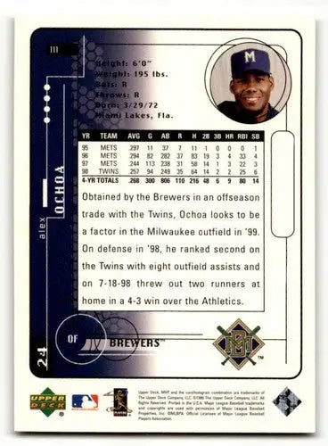 Original gloss Alex Ochoa baseball card from 1999 Upper Deck MVP Silver Script series