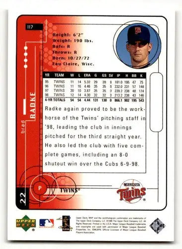 Brad Radke baseball card from 1999 Upper Deck MVP Silver Script series