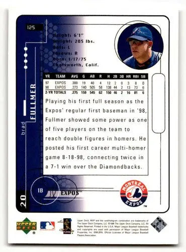 Baseball card back featuring original gloss from 1999 Upper Deck MVP Silver Script Brad Fullmer Montreal Expos