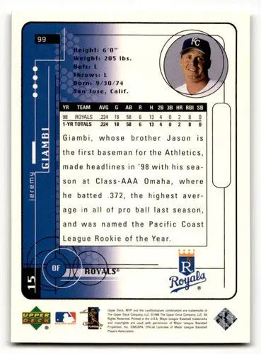 Baseball card back from 1999 Upper Deck MVP Silver Script Jeremy Giambi Kansas City Royals