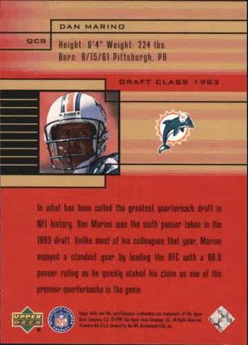 Back of 1999 Upper Deck Quarterback Class Dan Marino football card with original gloss