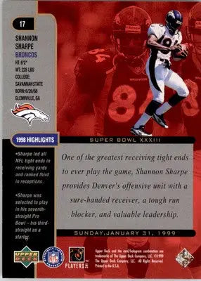 1999 Upper Deck Super Bowl XXXIII #17 Shannon Sharpe - Football Card Single