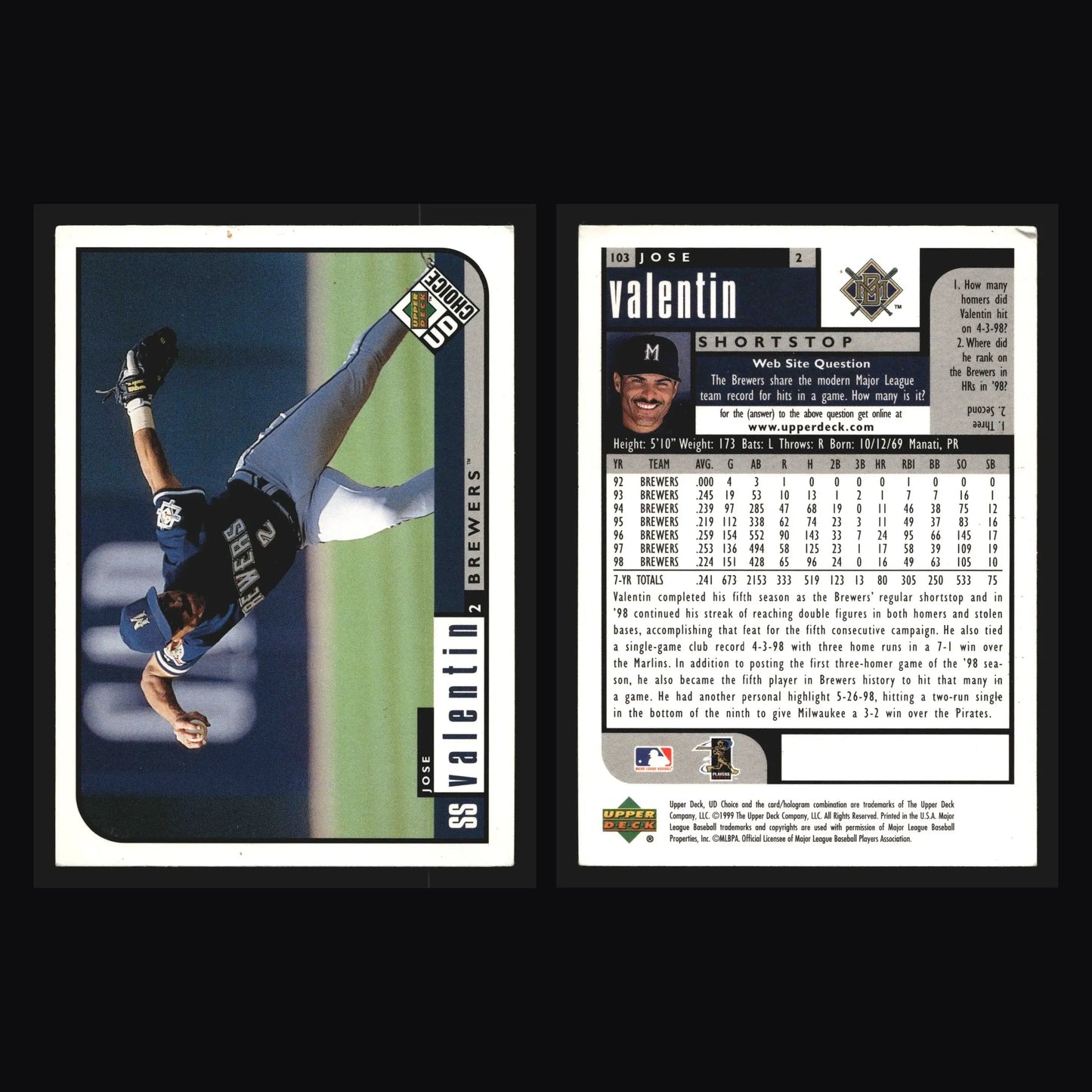 1999 Upper Deck UD Choice Jose Valentin #103 Milwaukee Brewers - Baseball Card Single