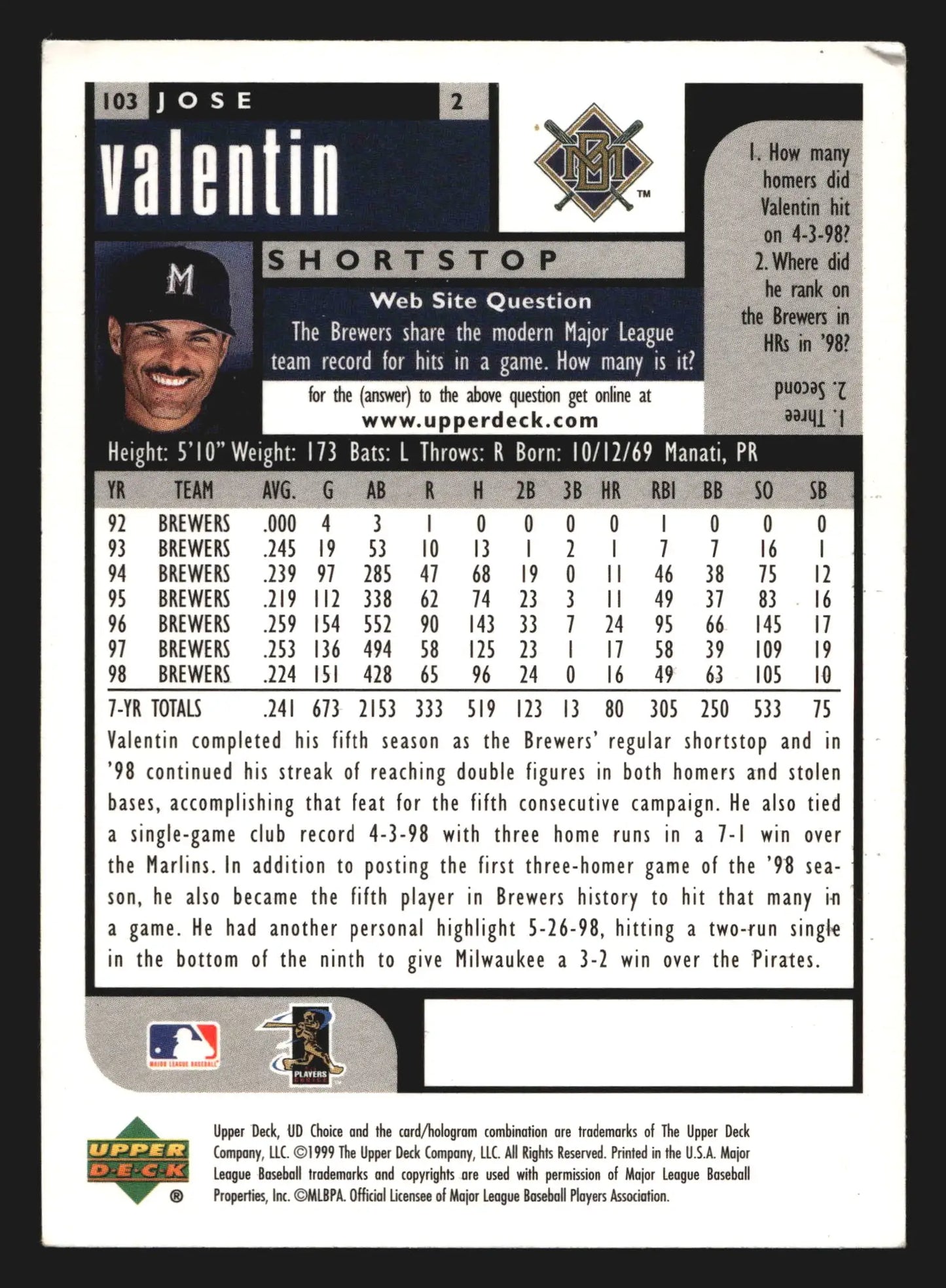 1999 Upper Deck UD Choice Jose Valentin #103 Milwaukee Brewers - Baseball Card Single