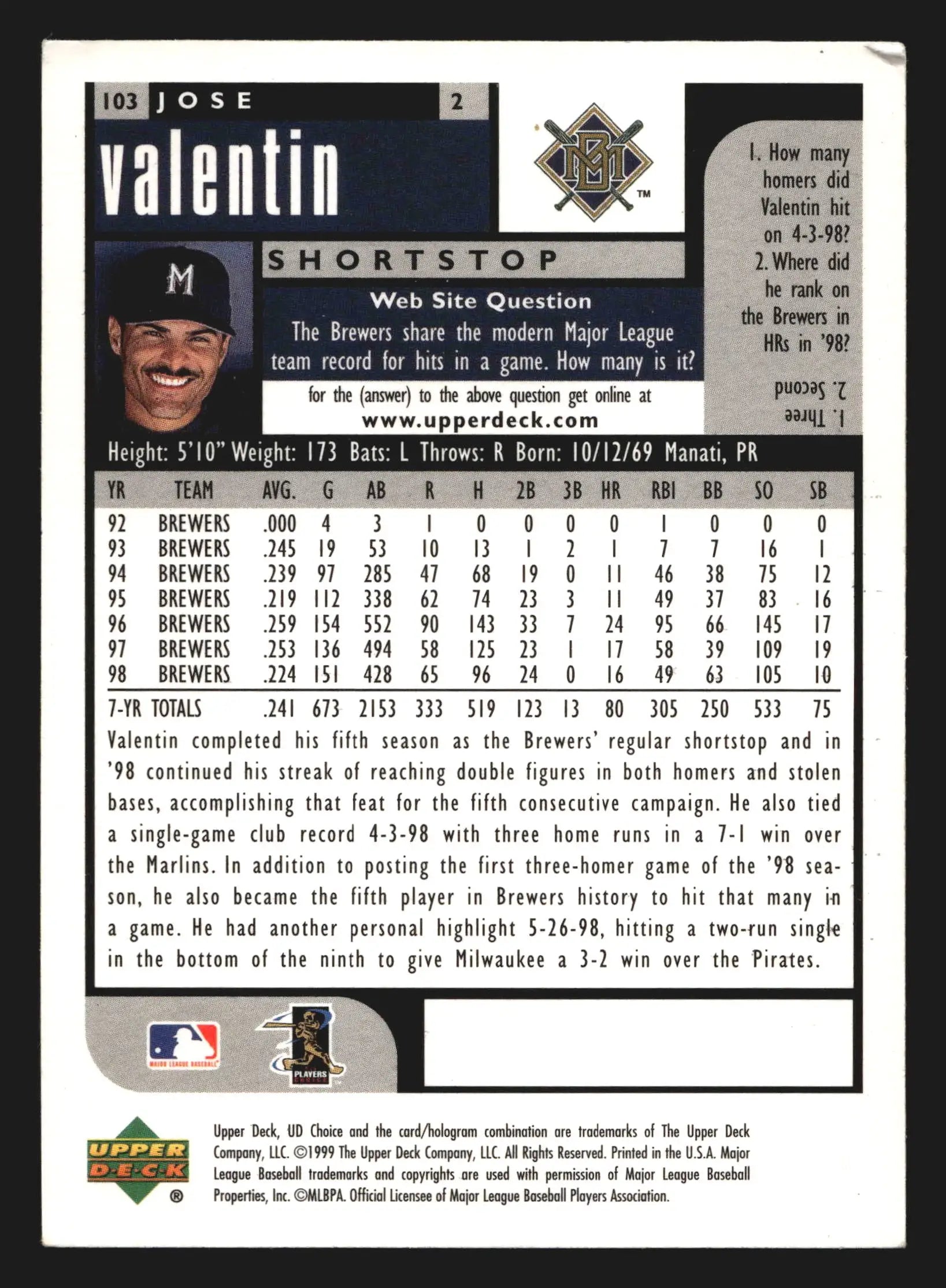1999 Upper Deck UD Choice Jose Valentin #103 Milwaukee Brewers - Baseball Card Single