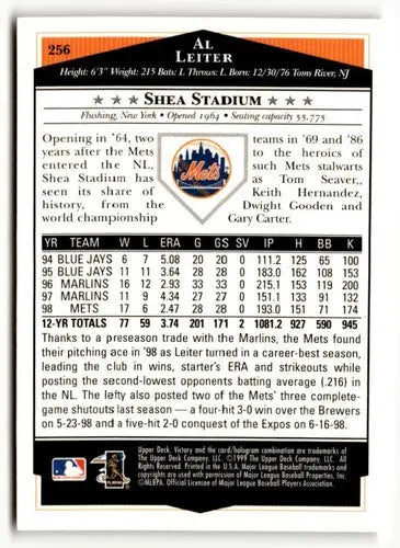 1999 Upper Deck Victory #256 Al Leiter NM ID:51652 - Baseball Card Single