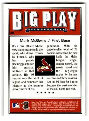 1999 Upper Deck Victory Mark McGwire baseball card Cardinals NM-MT BP ID 70136