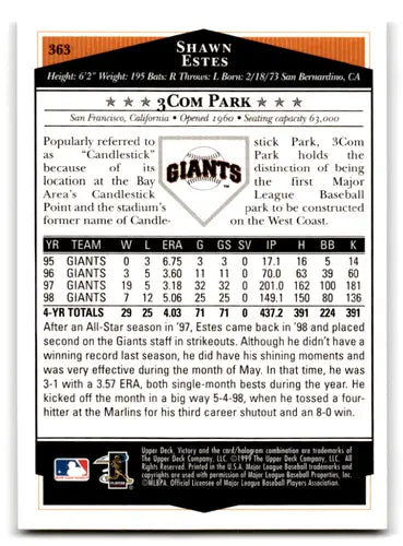 1999 Upper Deck Victory #363 Shawn Estes NM-MT Giants ID:70871 - Baseball Card Single