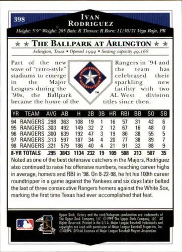 1999 Upper Deck Victory #398 Ivan Rodriguez NM Near Mint Rangers - Baseball Card Single