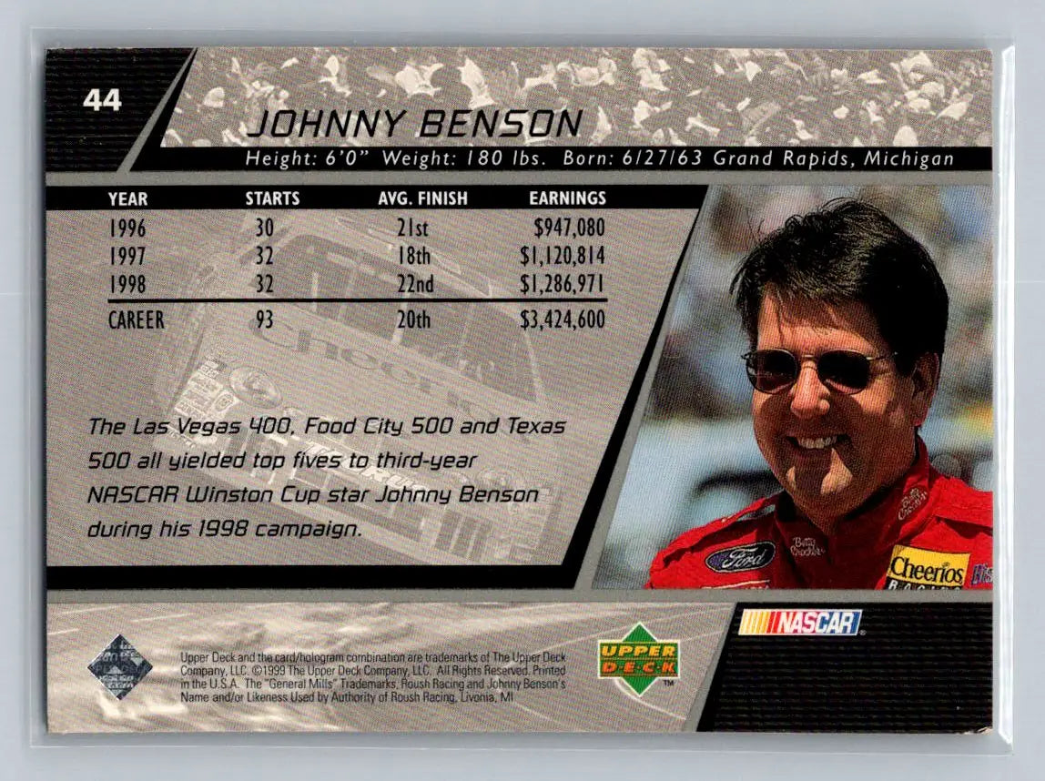 1999 Upper Deck Victory Circle #44 Johnny Benson Roush Racing - Racing Card Single