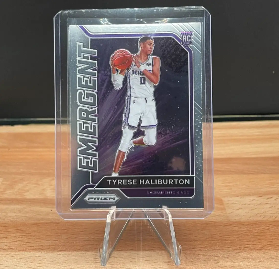 Tyrese Haliburton 20-21 Panini Prizm Emergent Silver rookie card displayed
