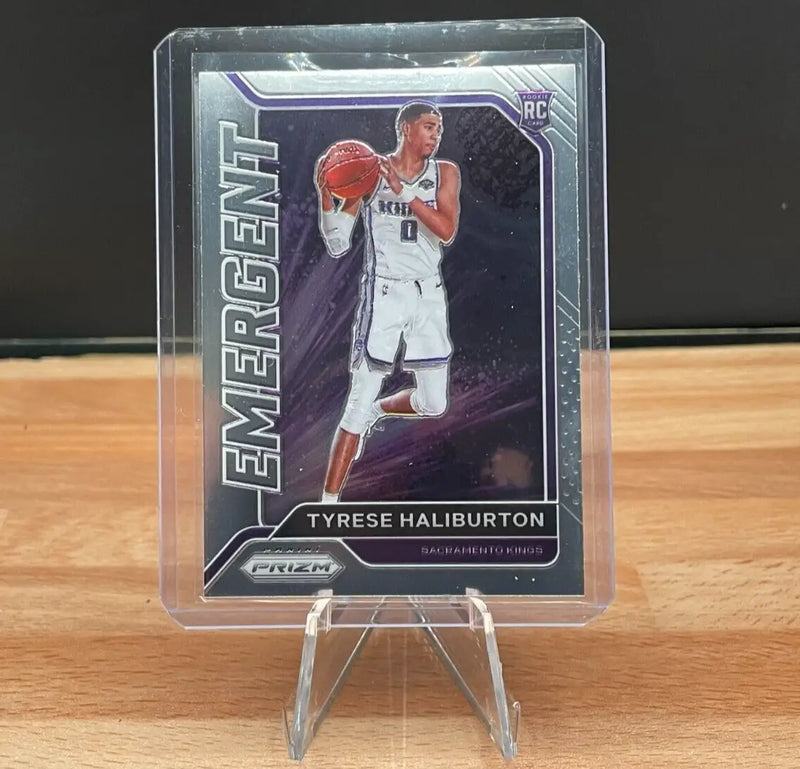 Tyrese Haliburton 20-21 Panini Prizm Emergent Silver rookie card displayed