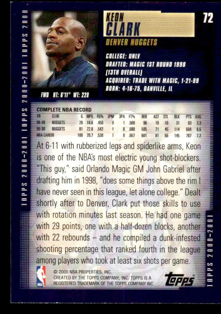 2000-01 Topps #72 Keon Clark - Basketball Card Single