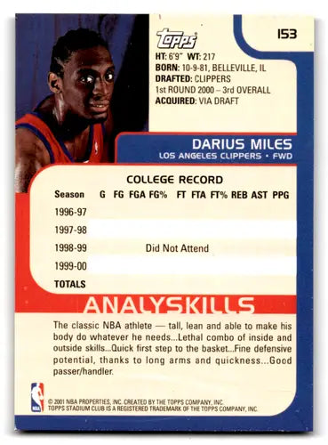 Darius Miles basketball card from 2000-01 Topps Stadium Club mint RC rookie series