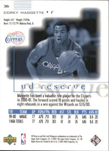 Corey Maggette basketball card with original gloss from 2000-01 UD Reserve Clippers