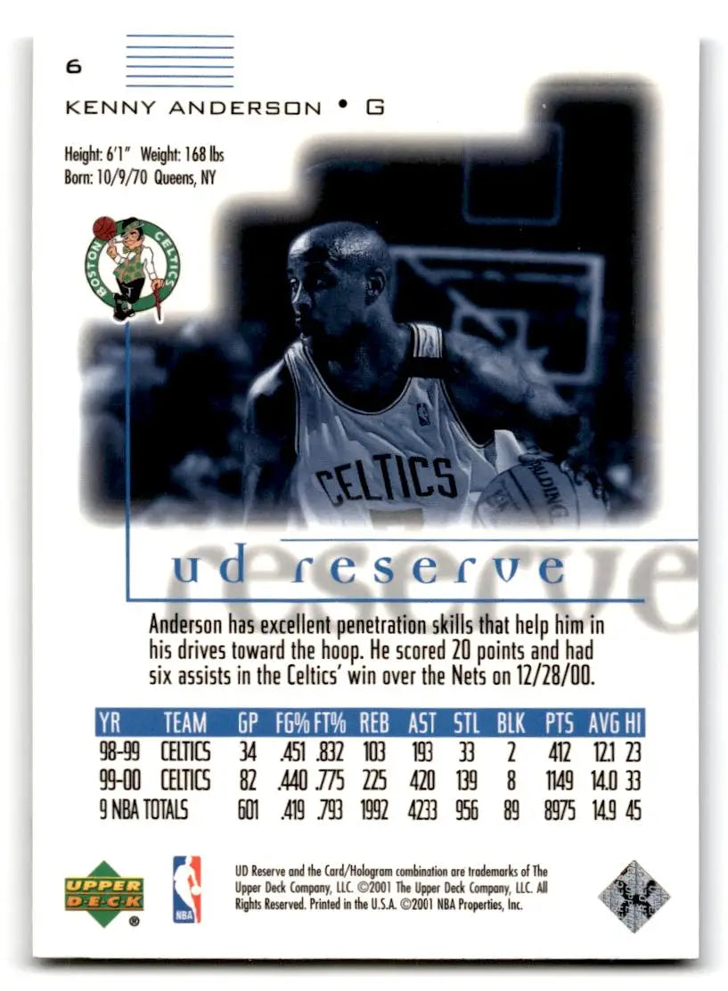 2000-01 UD Reserve #6 Kenny Anderson - Basketball Card Single