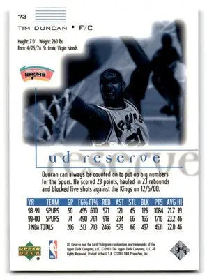 2000-01 UD Reserve #73 Tim Duncan - Basketball Card Single
