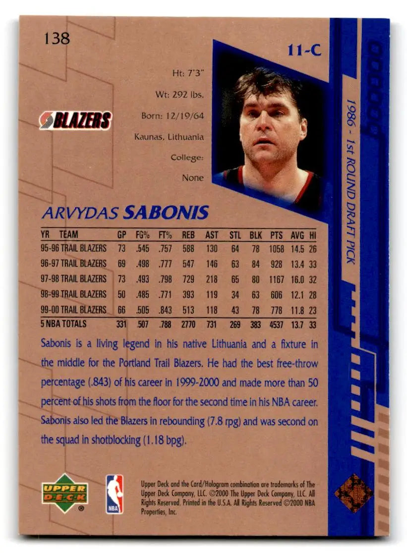 2000-01 Upper Deck #138 Arvydas Sabonis - Basketball Card Single