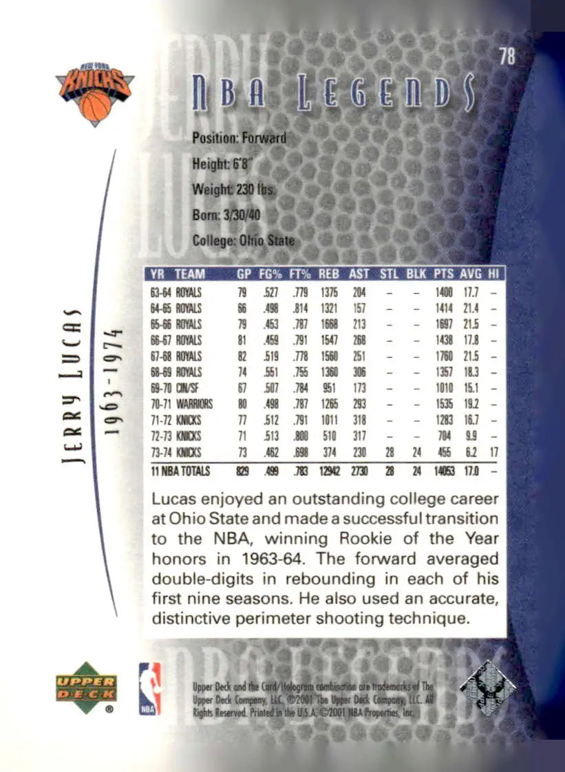 2000-01 Upper Deck Legends #78 Jerry Lucas - Basketball Card Single