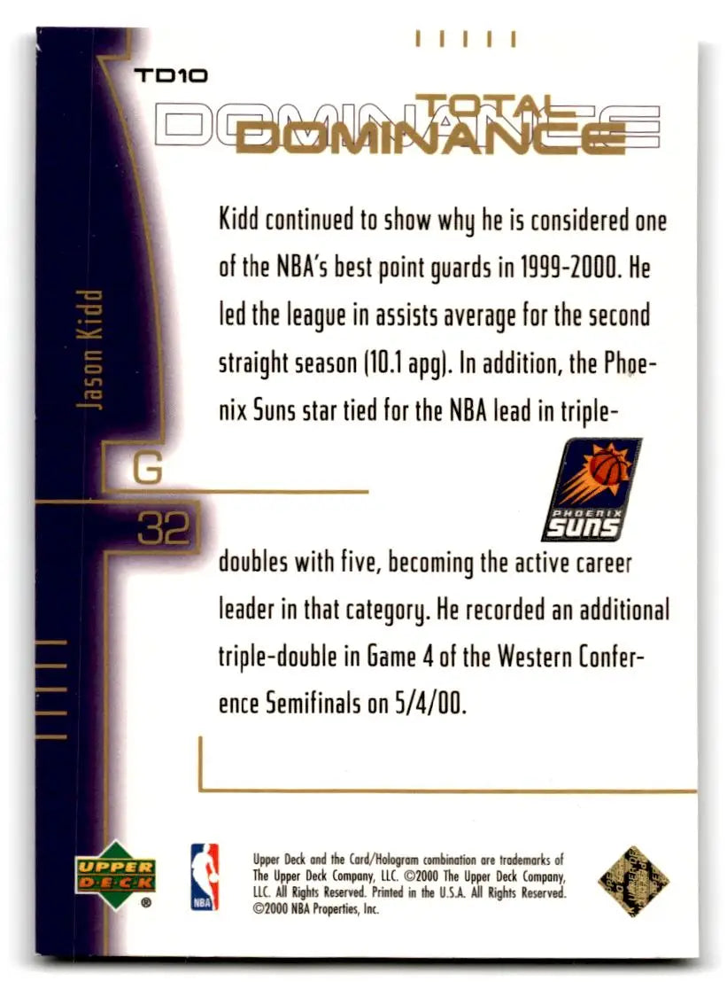 2000-01 Upper Deck #TD10 Jason Kidd Total Dominance - Basketball Card Single