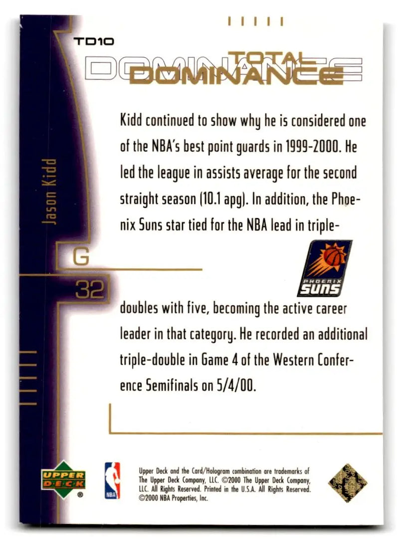 2000-01 Upper Deck #TD10 Jason Kidd Total Dominance - Basketball Card Single