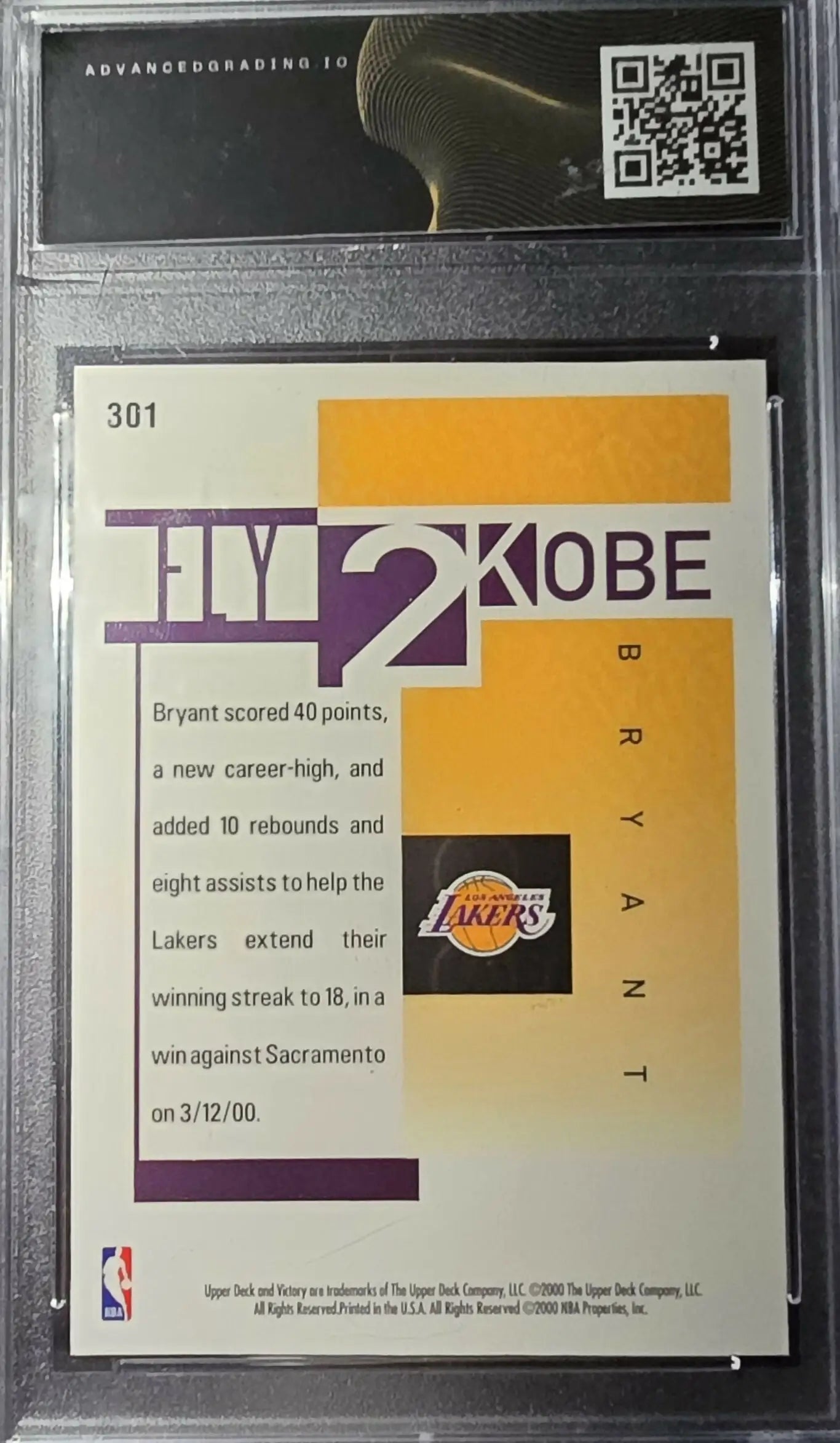 2000-01 UPPER DECK VICTORY KOBE BRYANT GRADED GM-MT 10 - Basketball Card Single