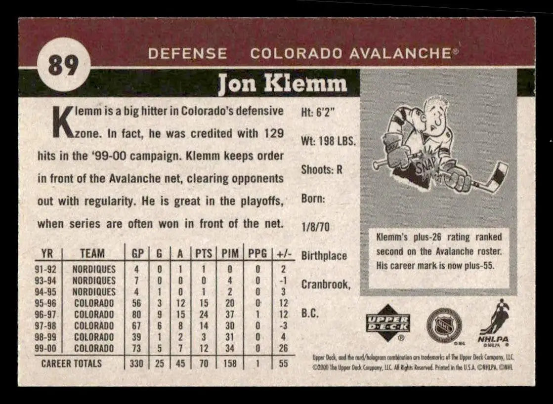 2000-01 Upper Deck Vintage #89 Jon Klemm - Hockey Card Single