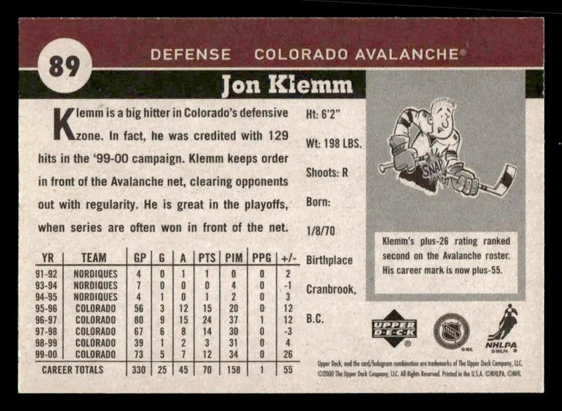 2000-01 Upper Deck Vintage #89 Jon Klemm - Hockey Card Single