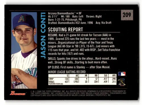 Baseball card back featuring Jason Conti NM-MT from 2000 Bowman #209 Diamondbacks