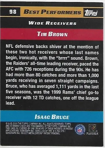Topps Best Performers trading card featuring Isaac Bruce and Tim Brown from Bowman’s Best 2000