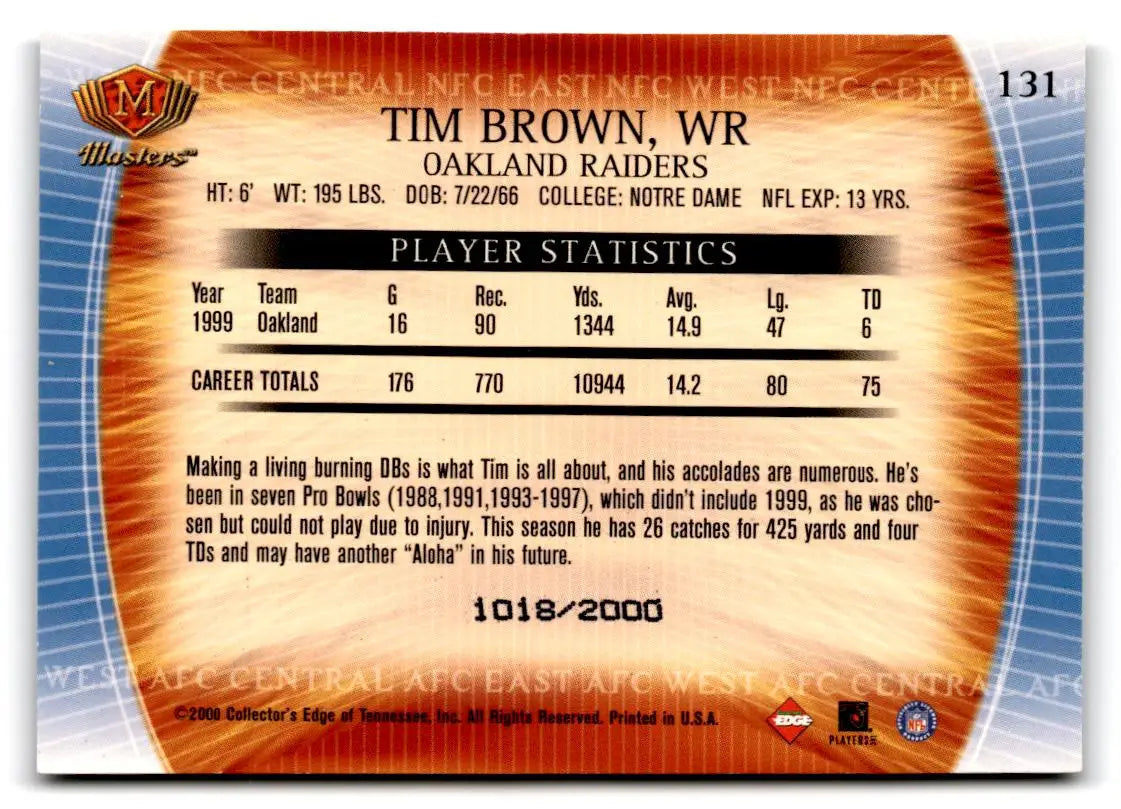 2000 Collector’s Edge Masters #131 Tim Brown #/2000 - Football Card Single