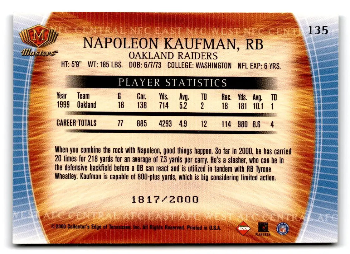 2000 Collector’s Edge Masters #135 Napoleon Kaufman #/2000 - Football Card Single