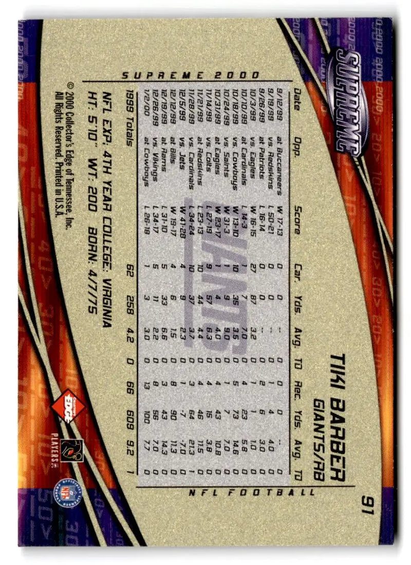 2000 Collector’s Edge Supreme #91 Tiki Barber - Football Card Single