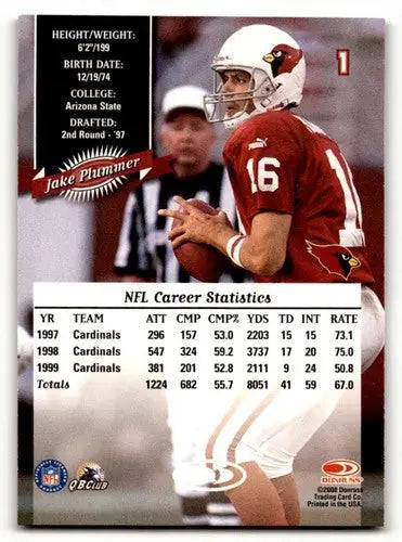 Original gloss Jake Plummer Arizona Cardinals football card from 2000 Donruss series