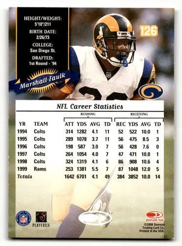 Marshall Faulk Rams football card with original gloss from 2000 Donruss series