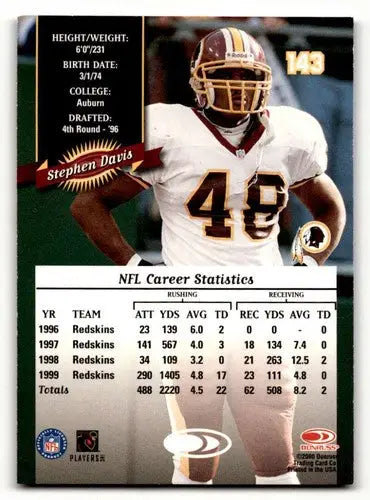 Original gloss Stephen Davis Washington Redskins football card in the 2000 Donruss series
