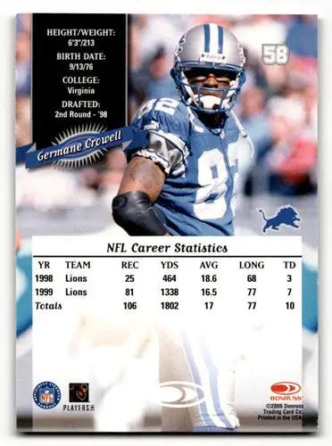 Original gloss Germane Crowell Detroit Lions football card from 2000 Donruss product